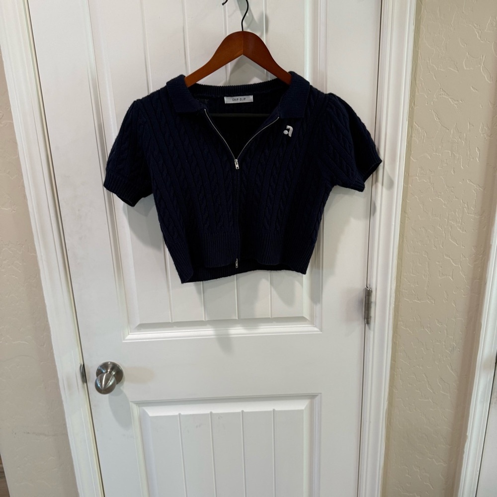 Chip Clip Navy Cable Knit Cropped Zip Sweater Top Women’s Small